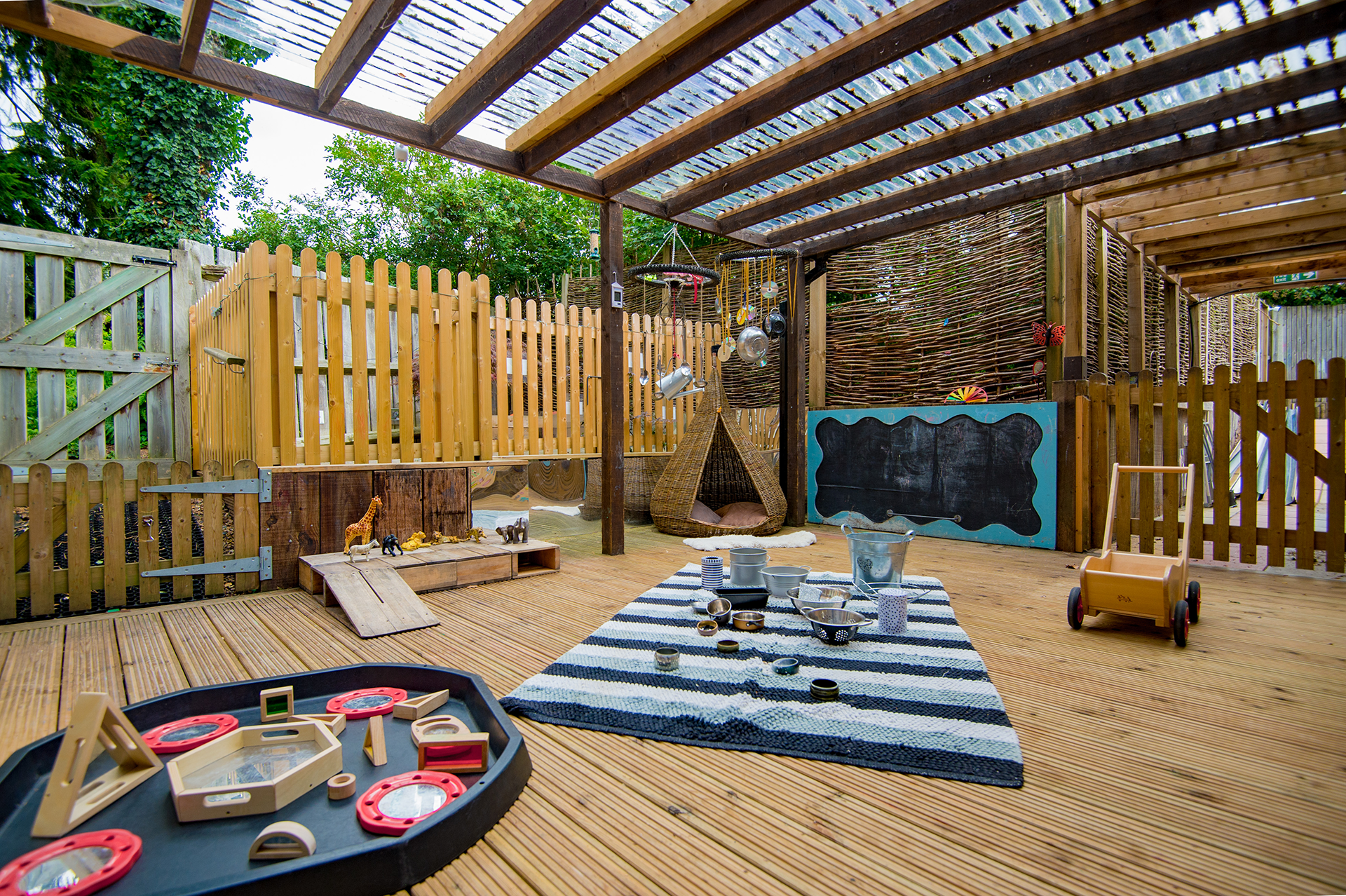 Outdoor area with toys and pans