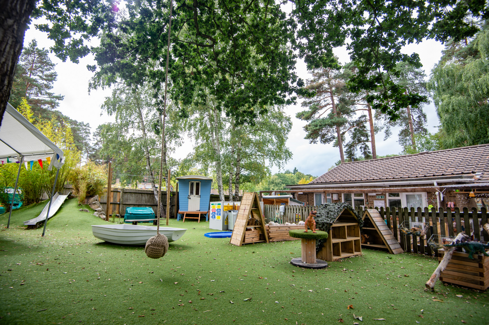 Outdoor garden with wide grassy play area